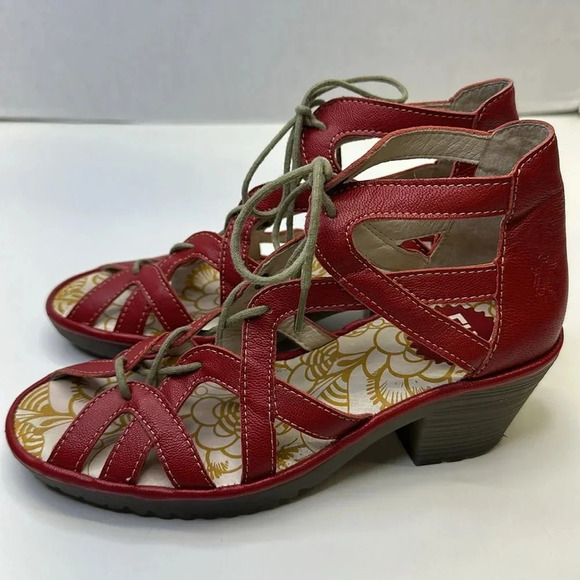 Fly London Lace Up Leather High Heel Open Toe Shoes Sandals Red Size 37 6.5 - 7 - Picture 4 of 13